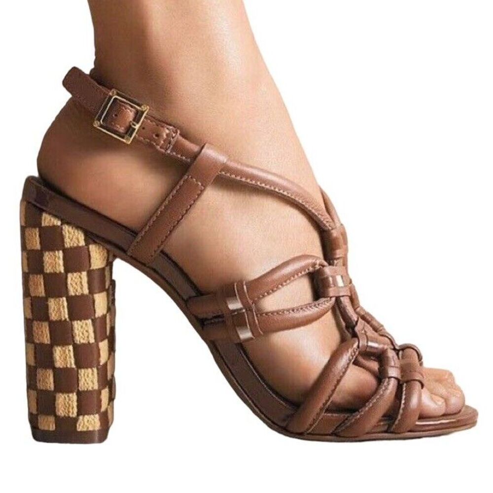 Tory Burch Brown Strappy Leather Sandals w/ Checkered Heels Size‎ 9 MSRP $395